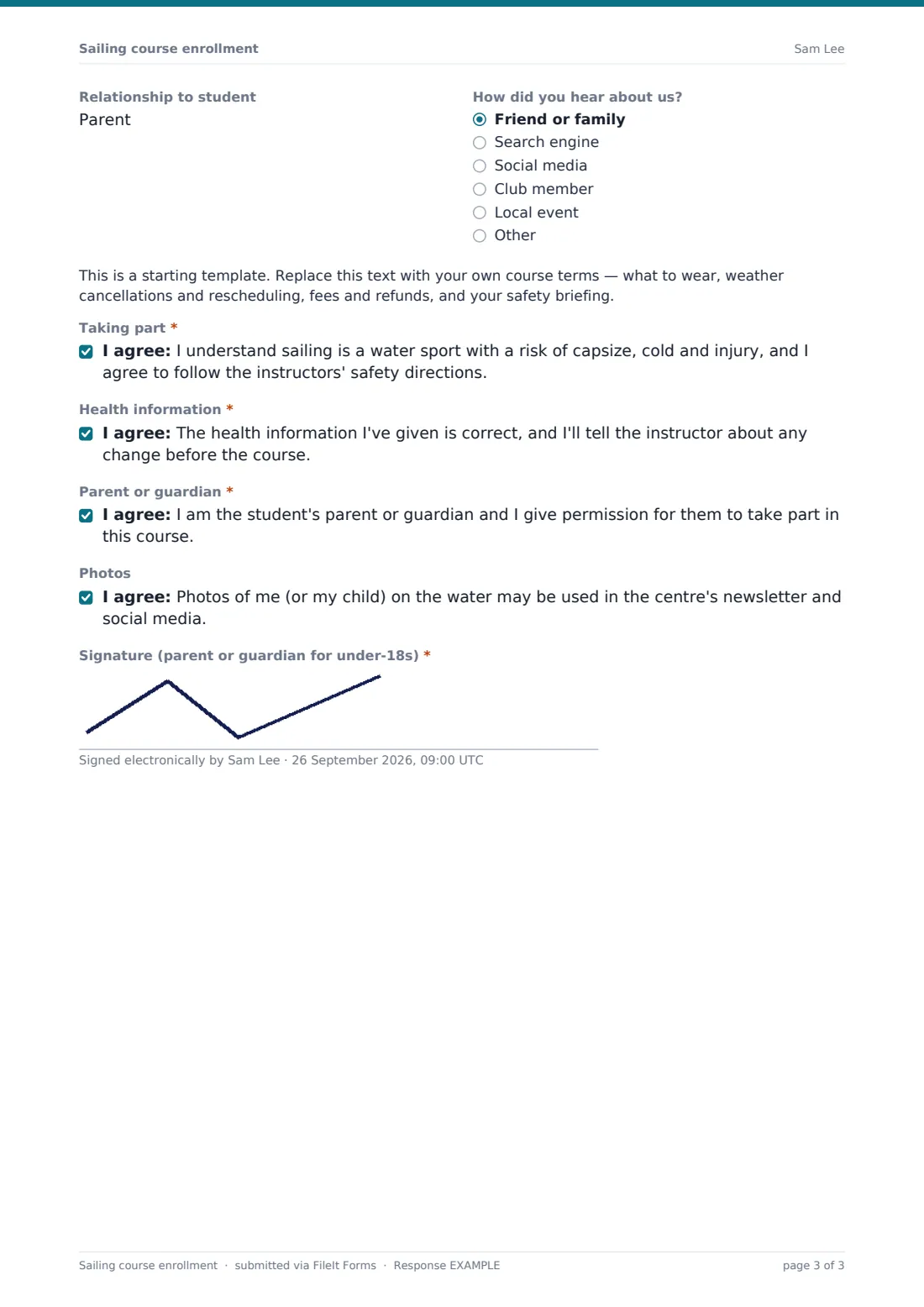 Sailing course enrollment — example response PDF, page 3 of 3