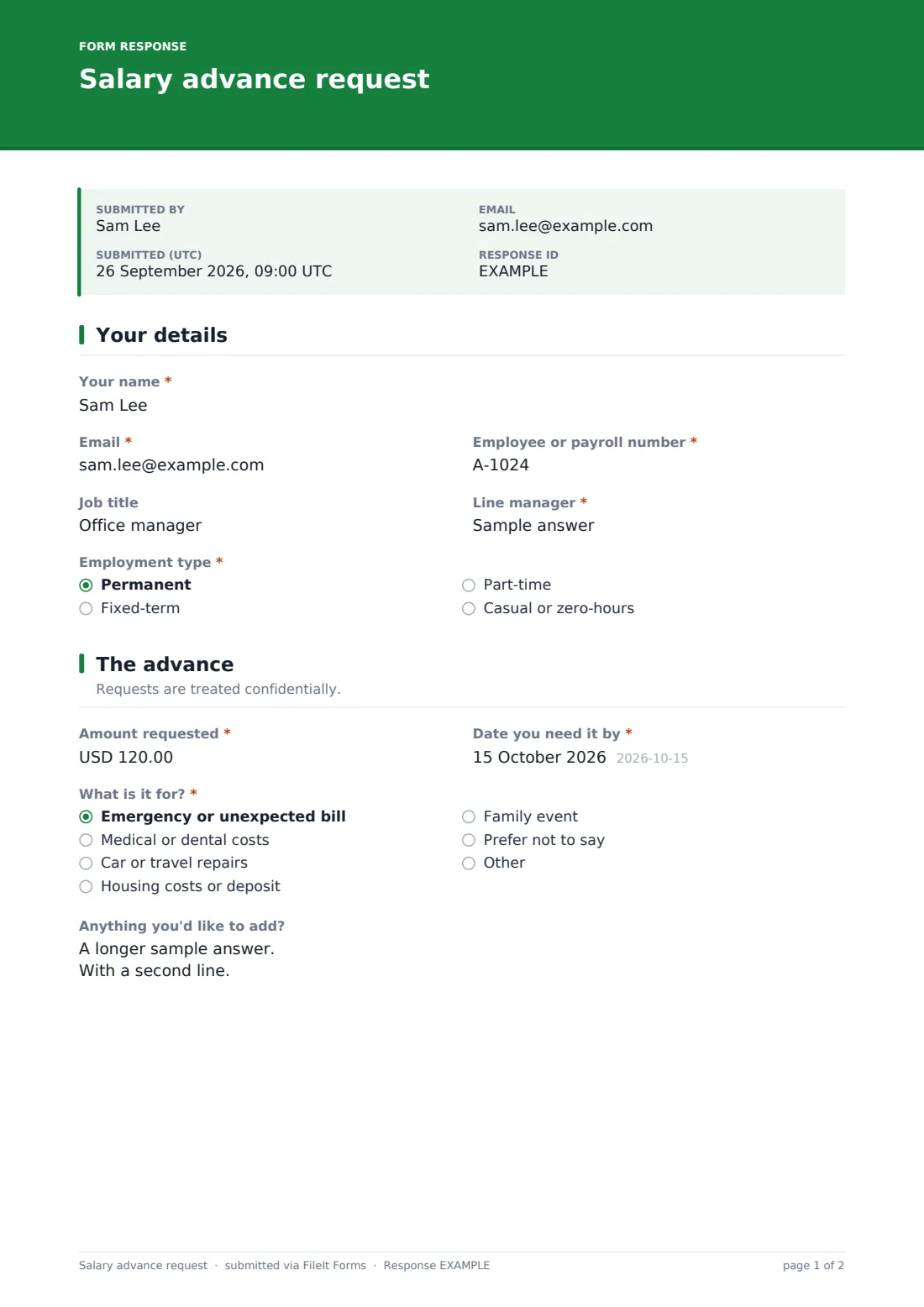 Salary advance request — example response PDF, page 1 of 2