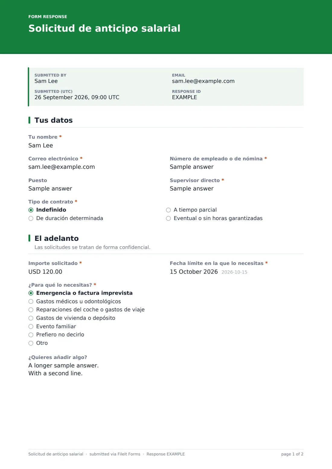 Solicitud de anticipo salarial — PDF de respuesta de ejemplo, página 1 de 2