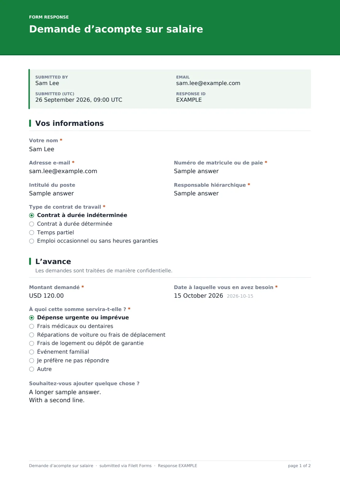 Demande d’acompte sur salaire — exemple de réponse au format PDF, page 1 sur 2