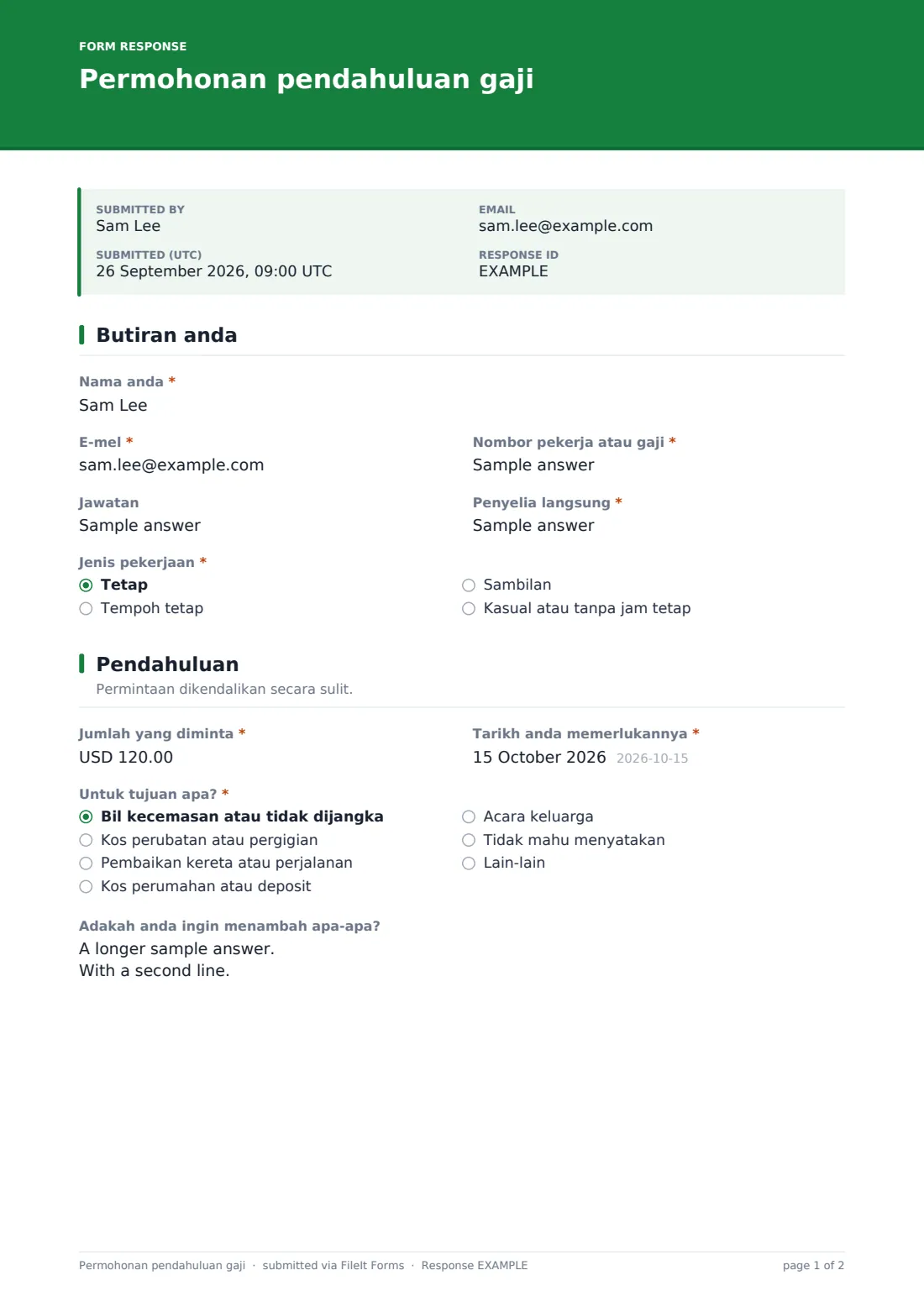Permohonan pendahuluan gaji — PDF respons contoh, halaman 1 daripada 2