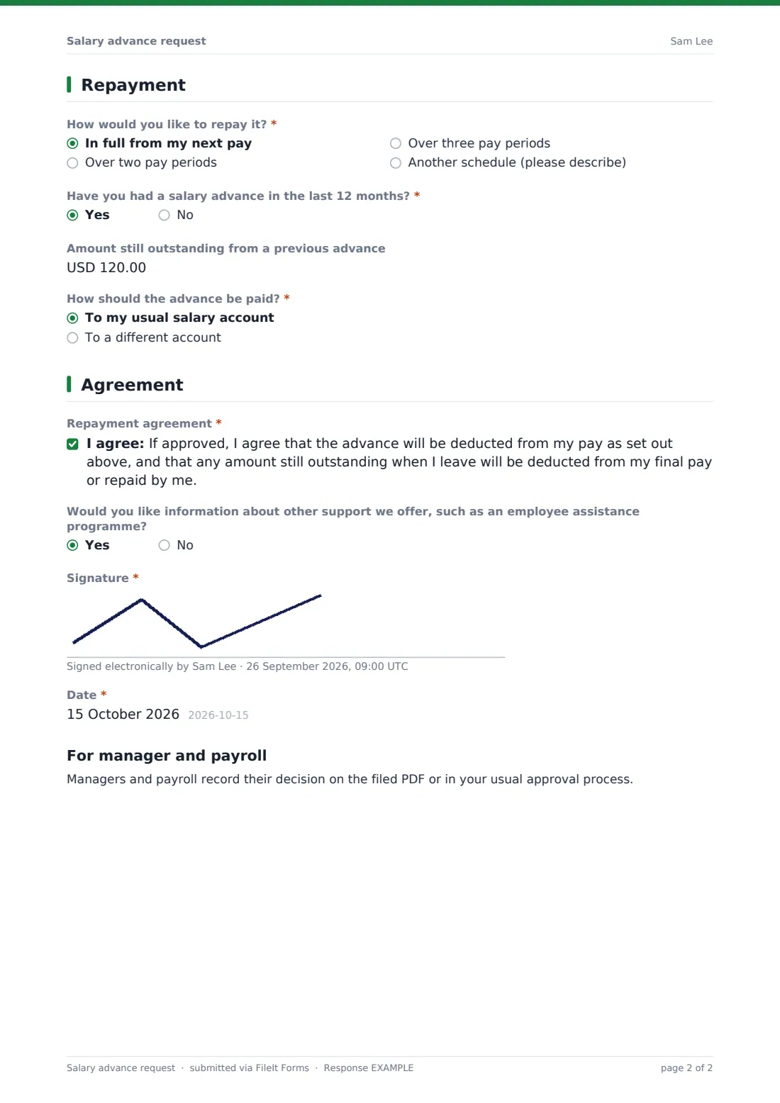 Salary advance request — example response PDF, page 2 of 2