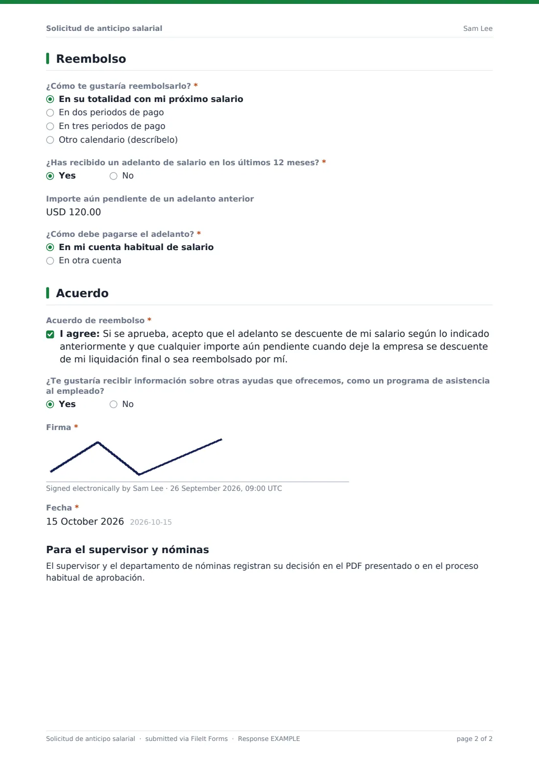 Solicitud de anticipo salarial — PDF de respuesta de ejemplo, página 2 de 2