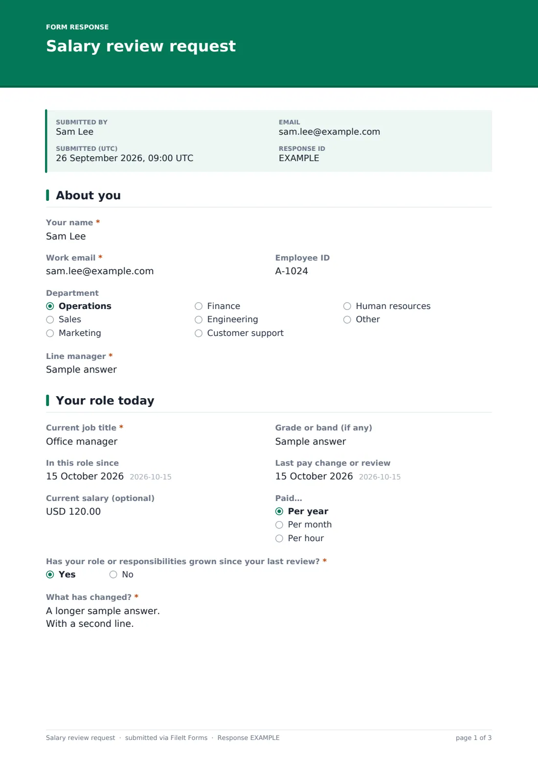 Salary review request — example response PDF, page 1 of 3