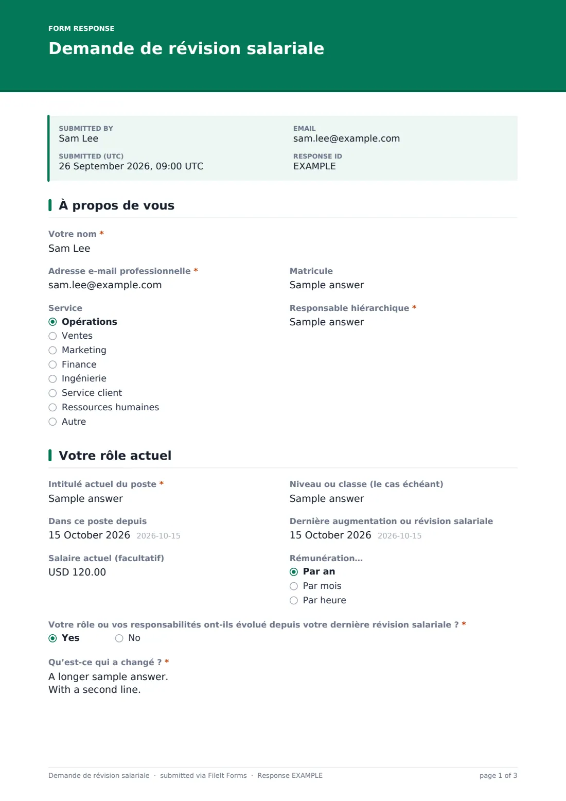 Demande de révision salariale — exemple de réponse au format PDF, page 1 sur 3