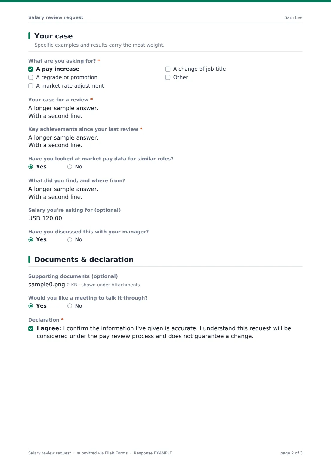 Salary review request — example response PDF, page 2 of 3