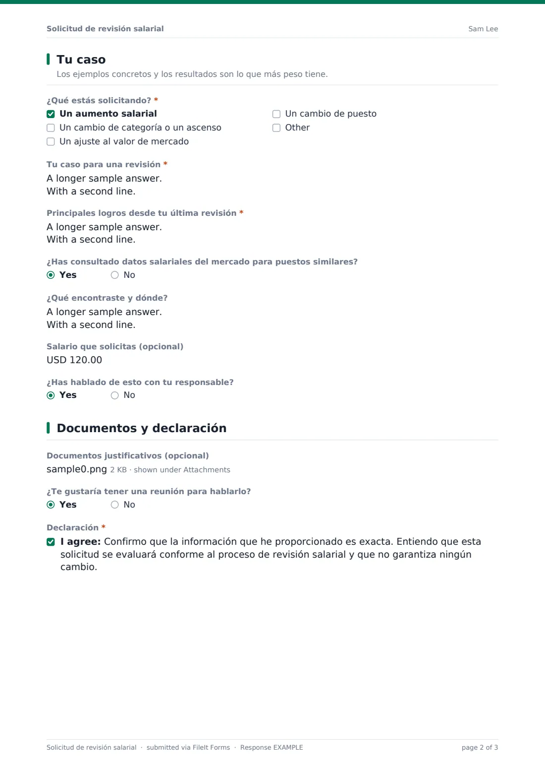Solicitud de revisión salarial — PDF de respuesta de ejemplo, página 2 de 3