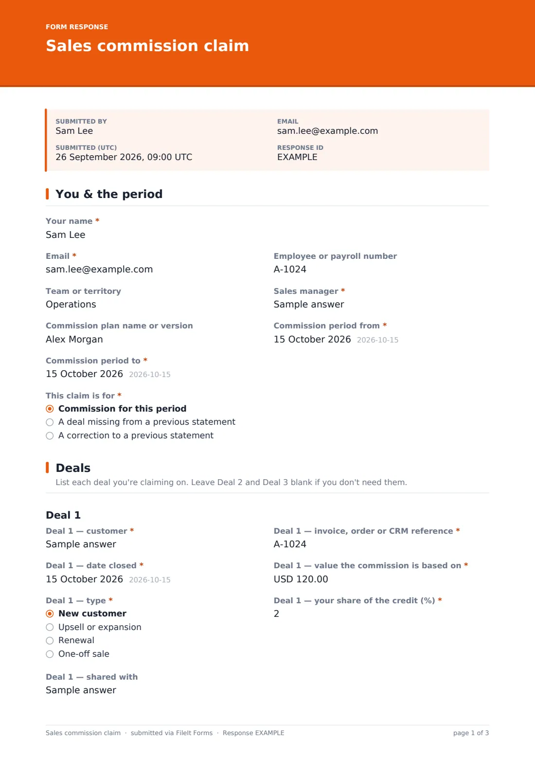 Sales commission claim — example response PDF, page 1 of 3