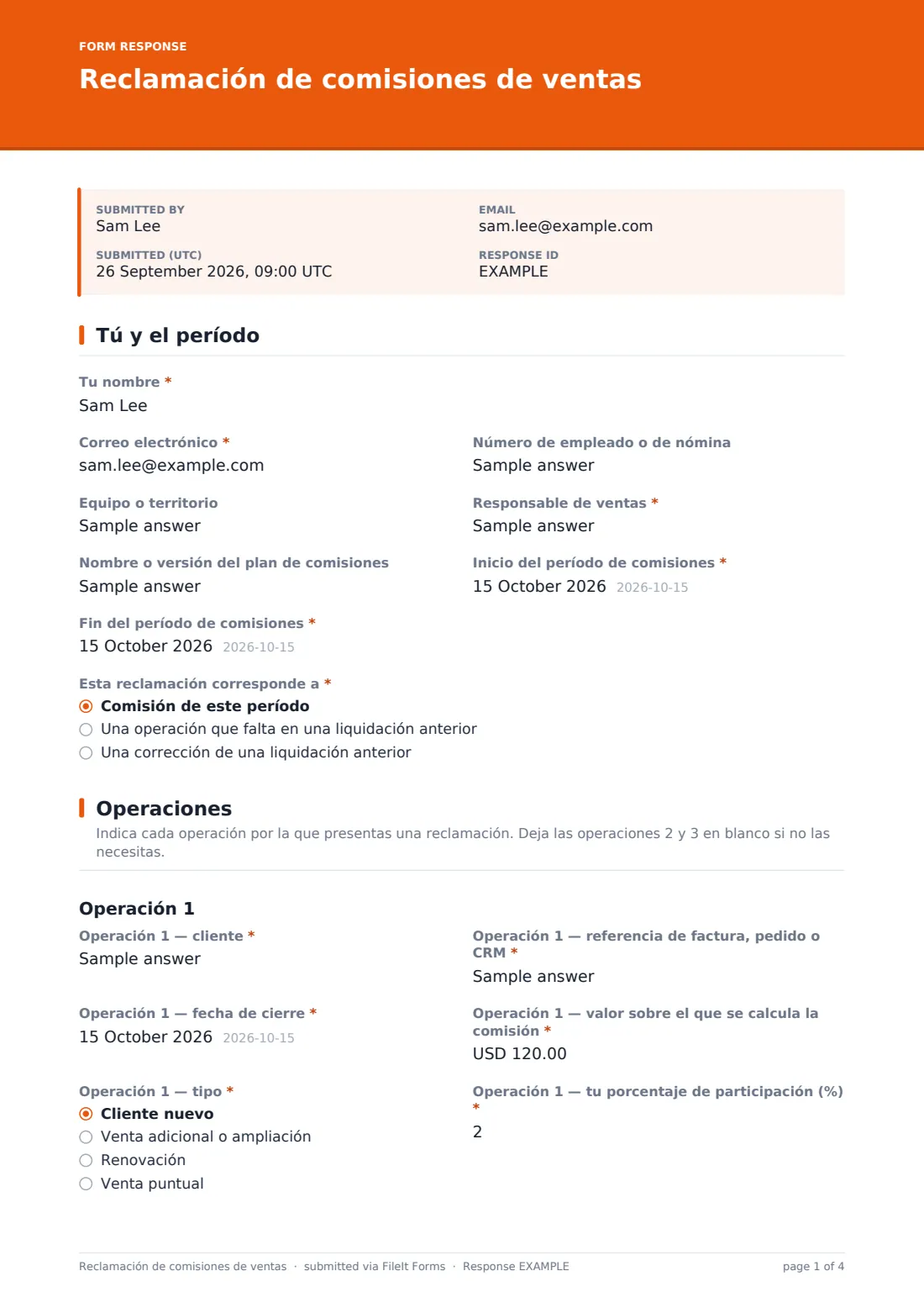 Reclamación de comisiones de ventas — PDF de respuesta de ejemplo, página 1 de 4