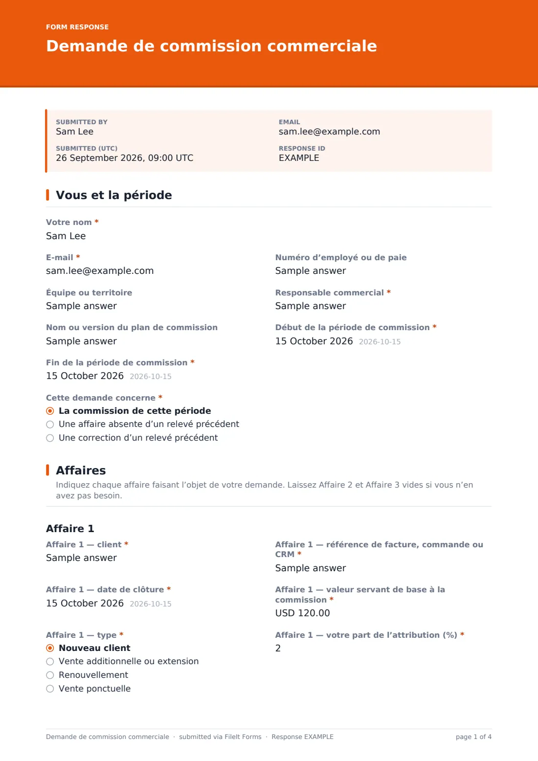 Demande de commission commerciale — exemple de réponse au format PDF, page 1 sur 4