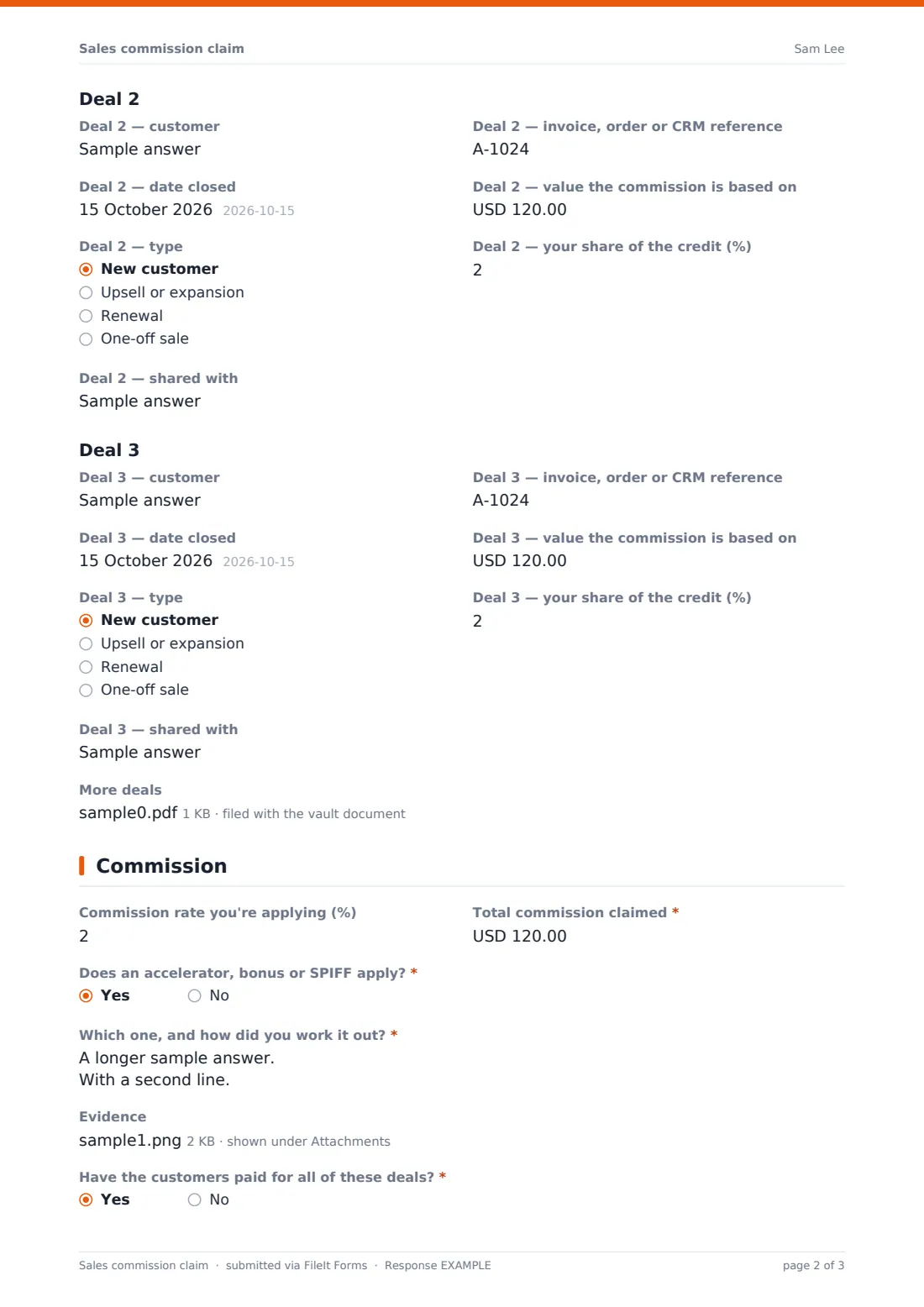 Sales commission claim — example response PDF, page 2 of 3