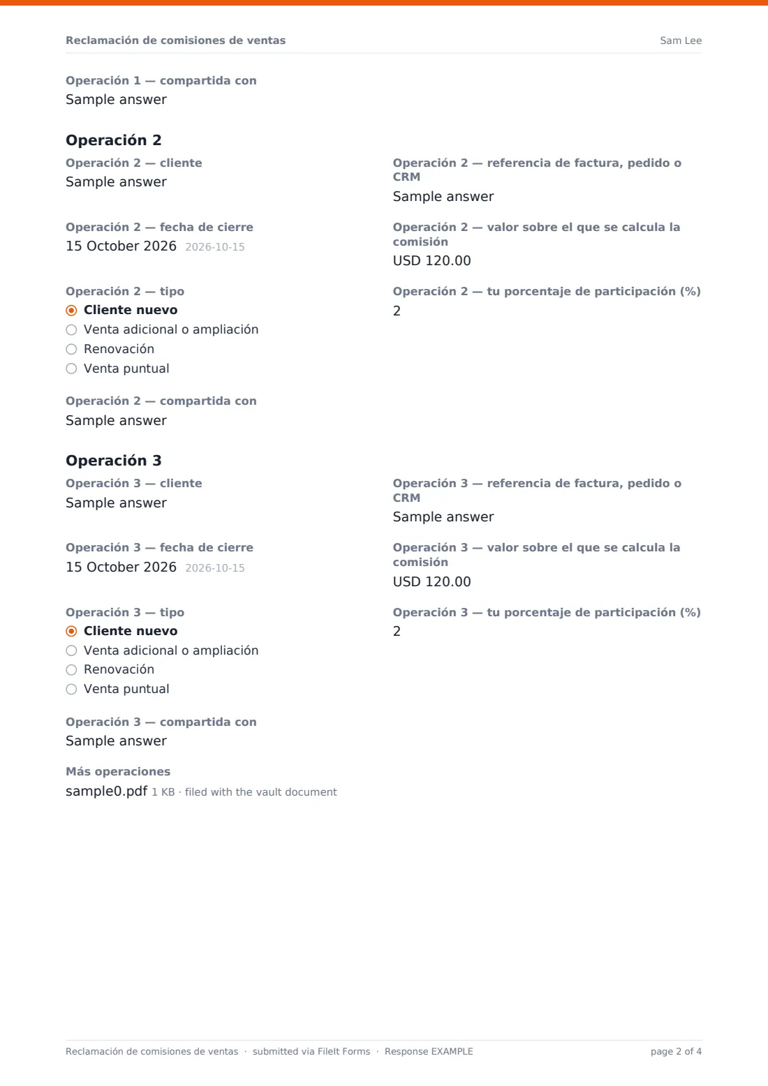 Reclamación de comisiones de ventas — PDF de respuesta de ejemplo, página 2 de 4
