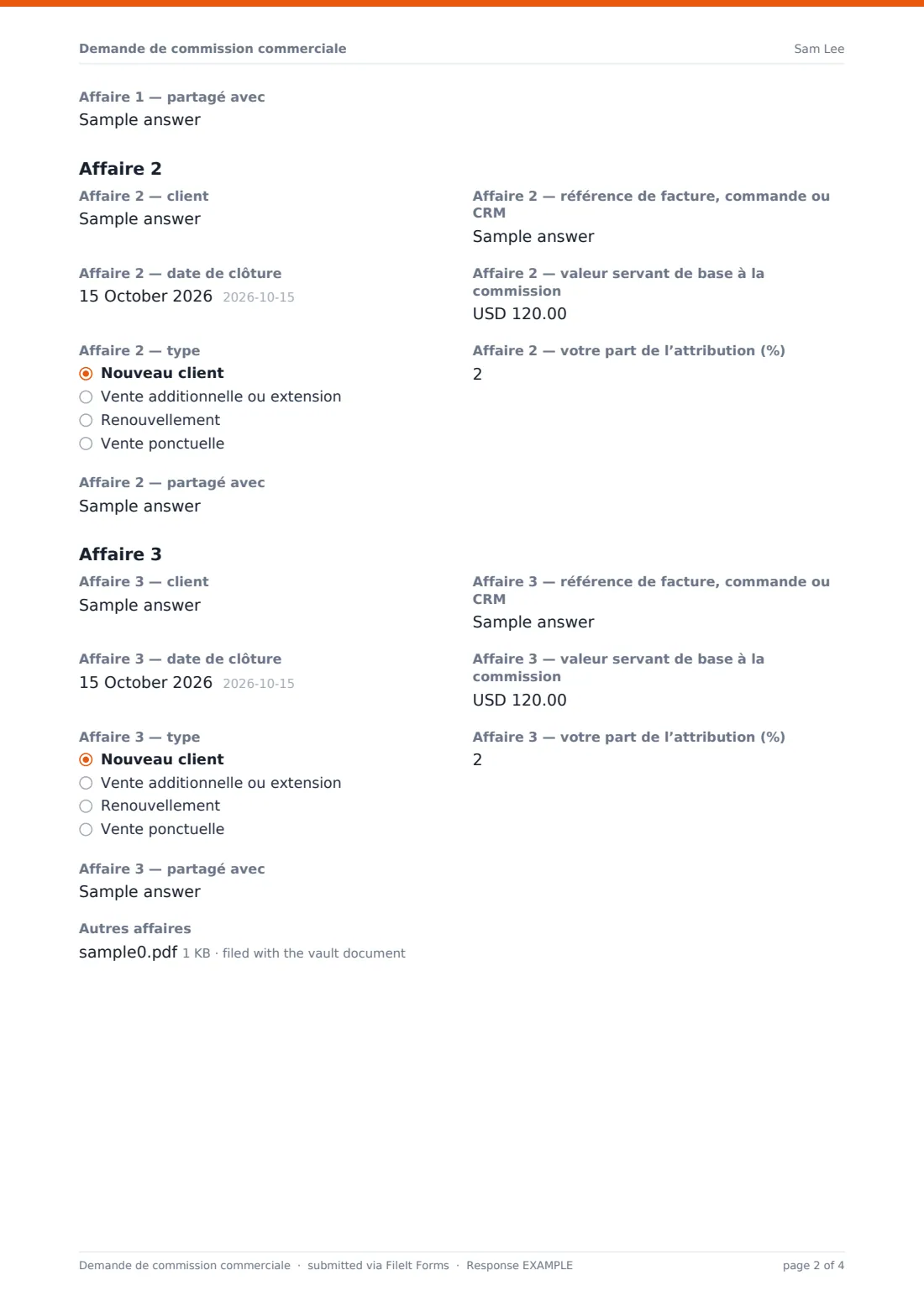 Demande de commission commerciale — exemple de réponse au format PDF, page 2 sur 4