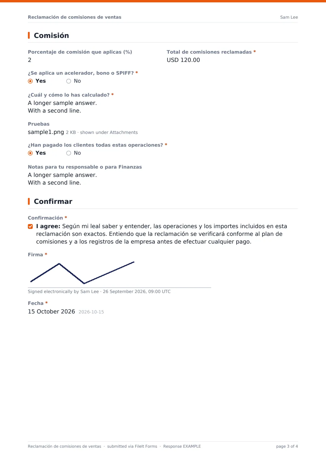 Reclamación de comisiones de ventas — PDF de respuesta de ejemplo, página 3 de 4