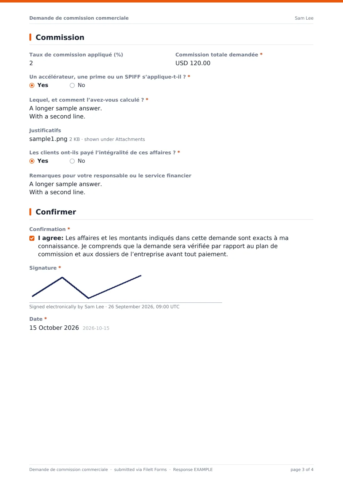 Demande de commission commerciale — exemple de réponse au format PDF, page 3 sur 4