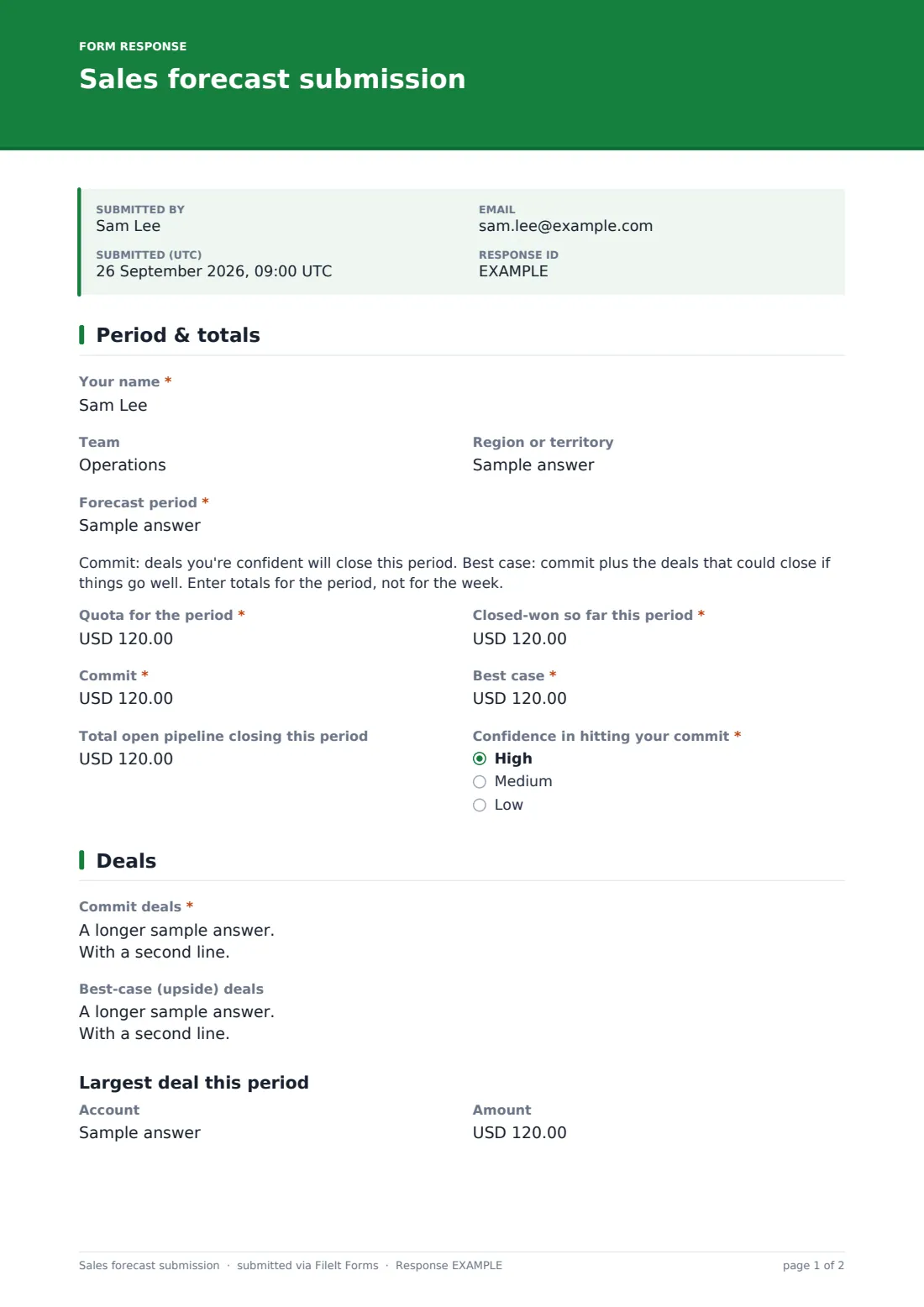 Sales forecast submission — example response PDF, page 1 of 2