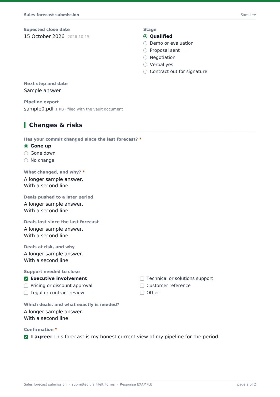 Sales forecast submission — example response PDF, page 2 of 2