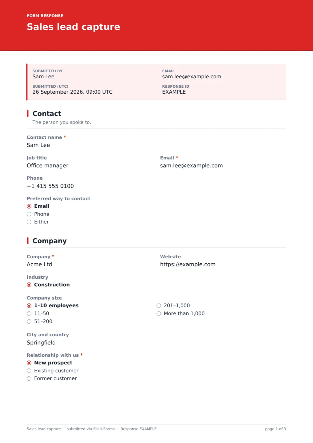 Sales lead capture — example response PDF, page 1 of 3