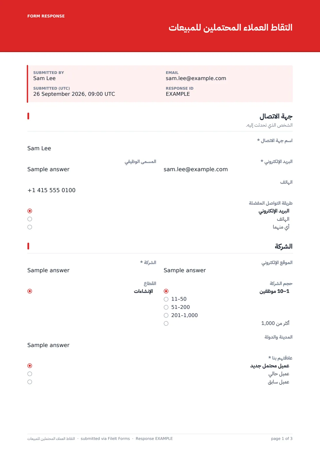 التقاط العملاء المحتملين للمبيعات — ملف PDF لرد نموذجي، الصفحة 1 من 3