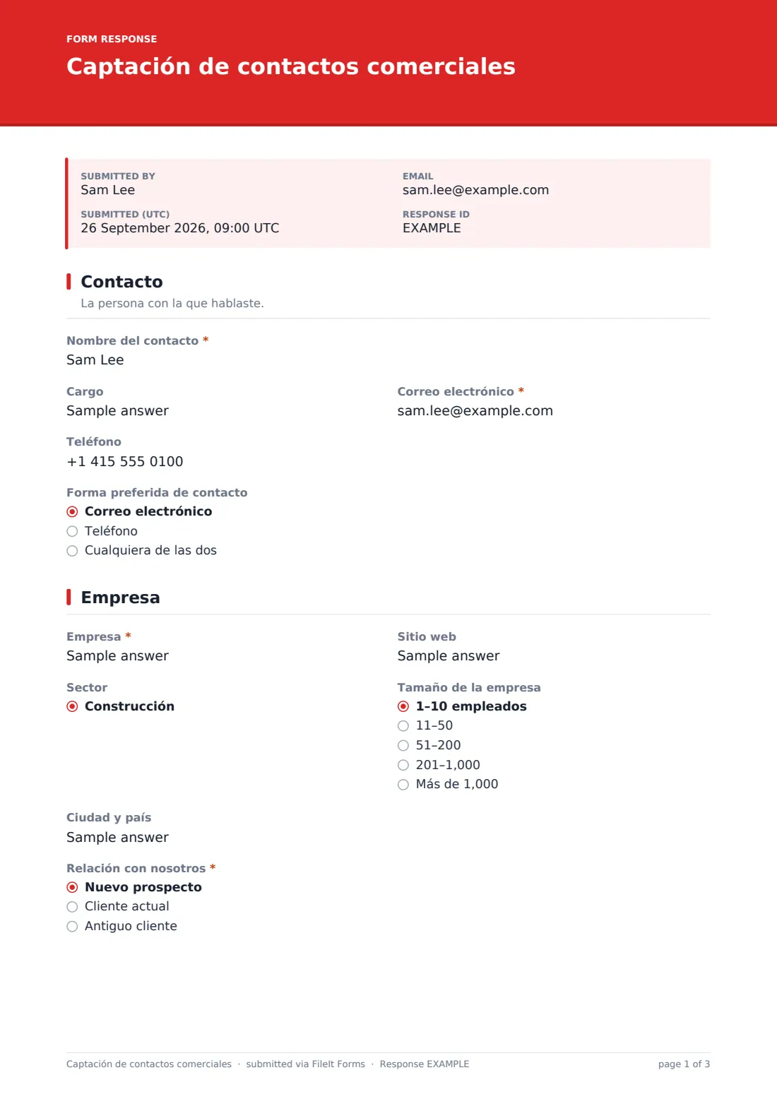 Captación de contactos comerciales — PDF de respuesta de ejemplo, página 1 de 3