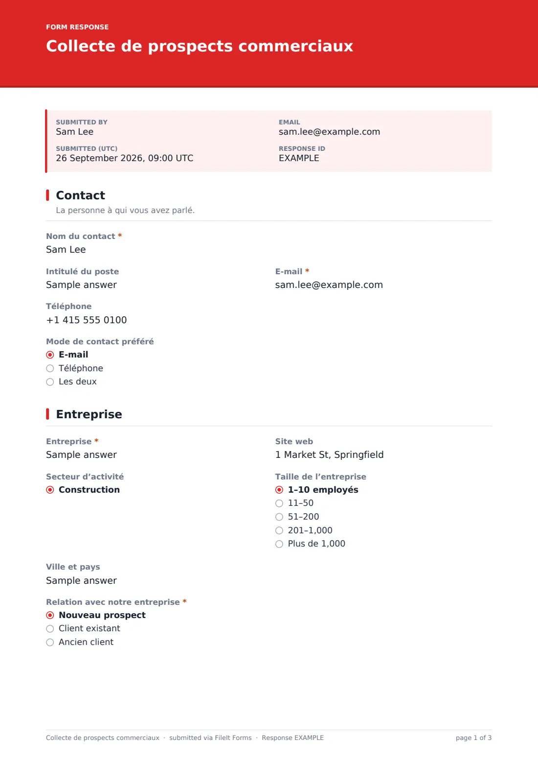 Collecte de prospects commerciaux — exemple de réponse au format PDF, page 1 sur 3
