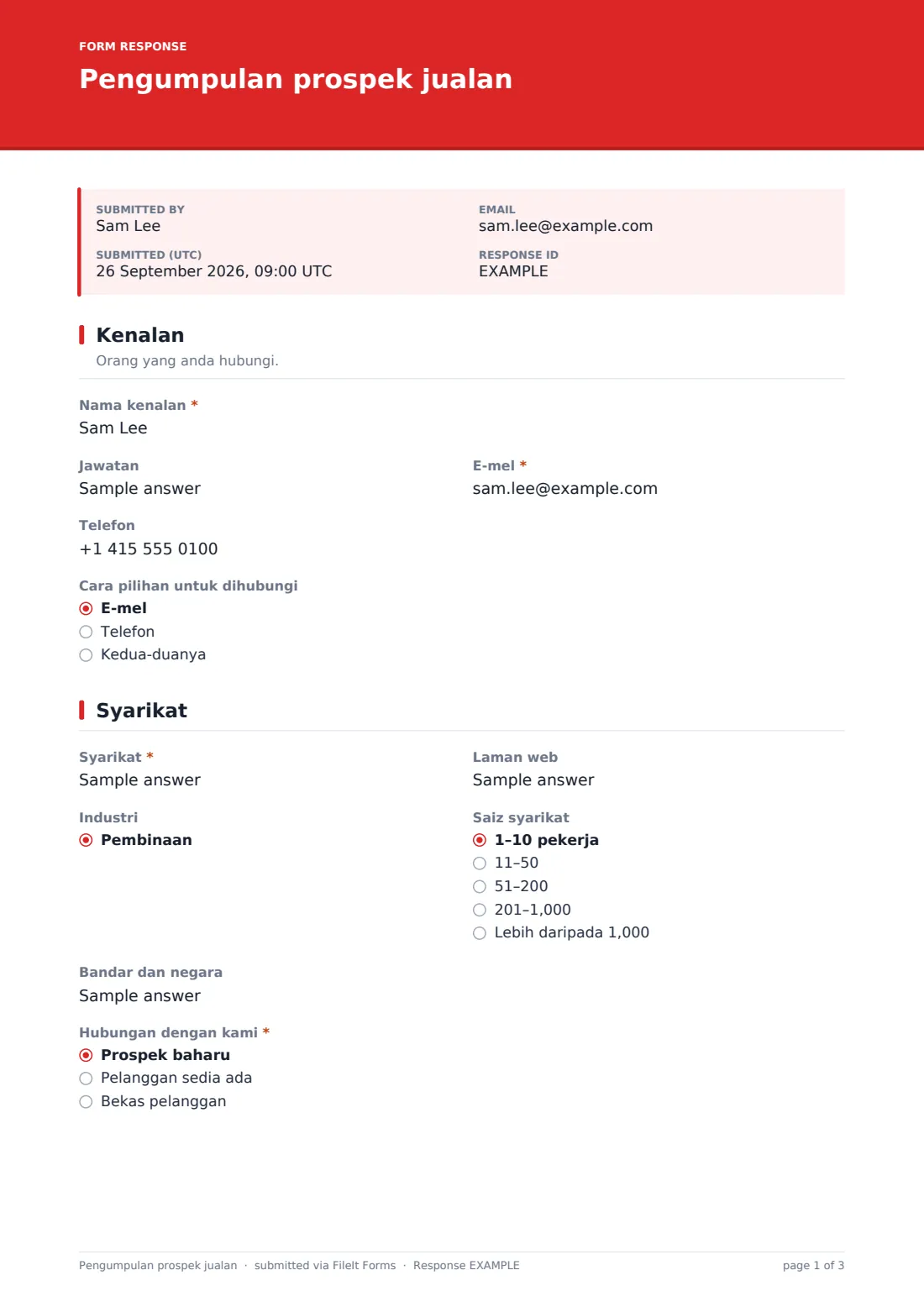 Pengumpulan prospek jualan — PDF respons contoh, halaman 1 daripada 3