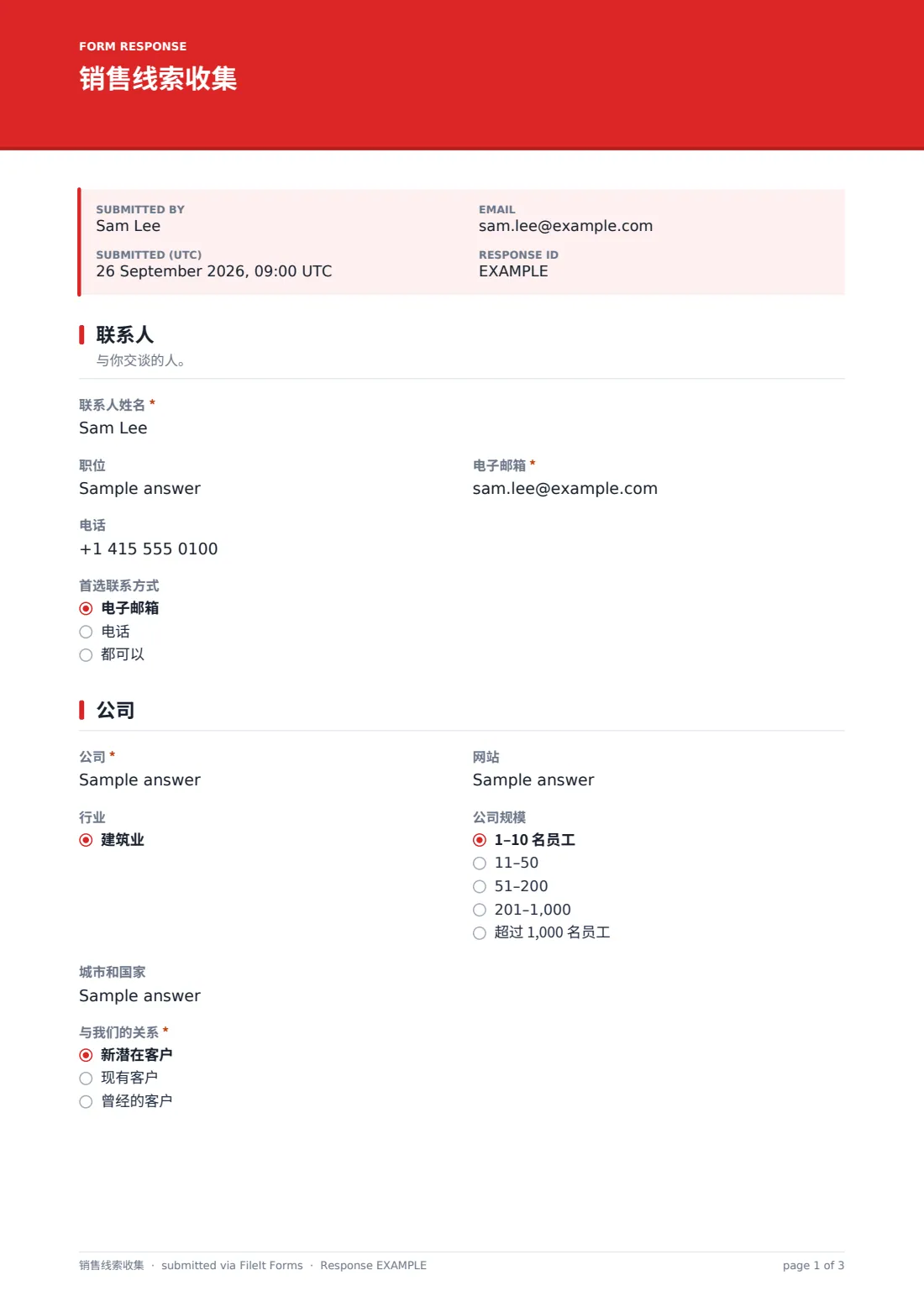 销售线索收集 — 示例回复 PDF，第 1 页，共 3 页