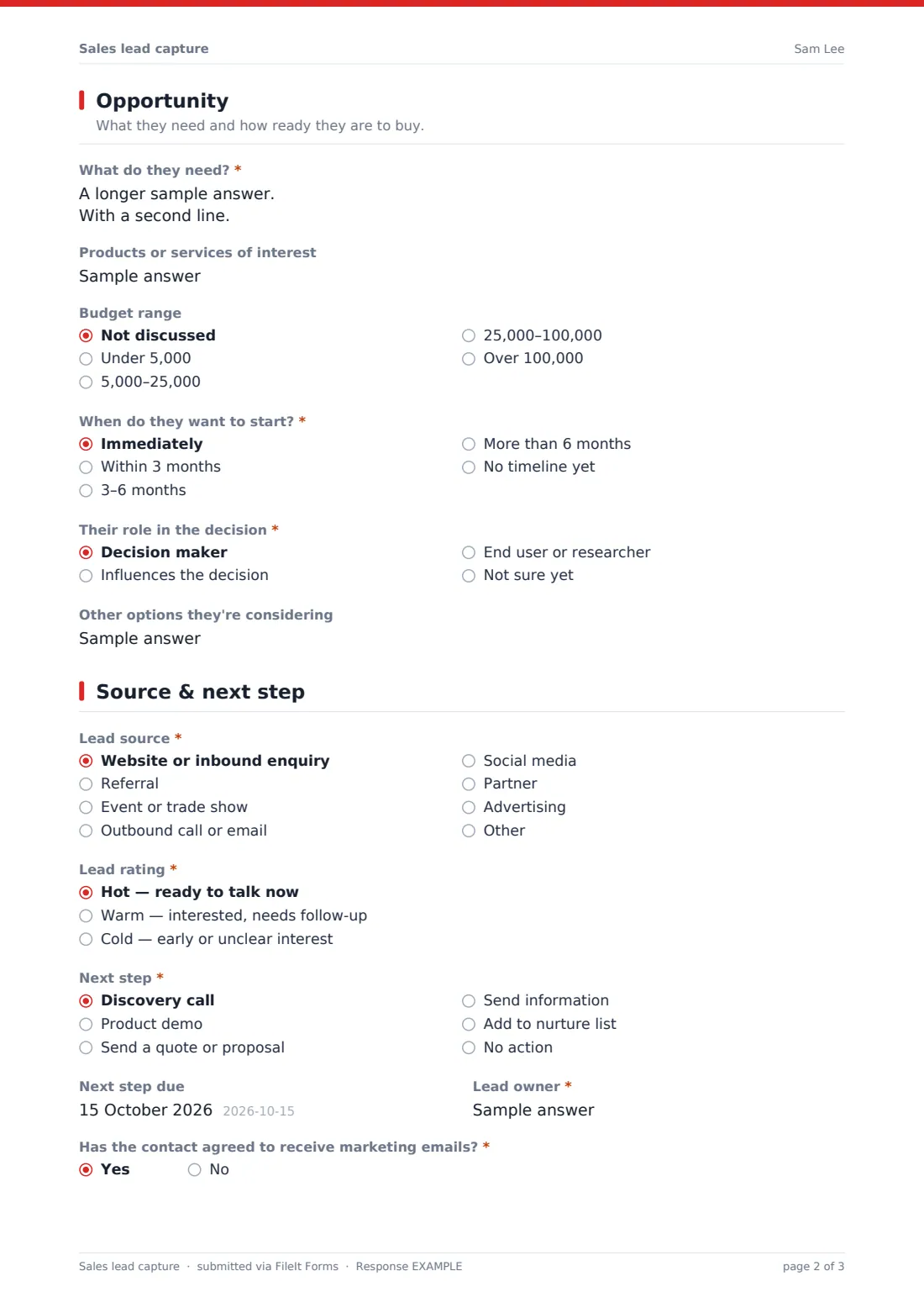 Sales lead capture — example response PDF, page 2 of 3