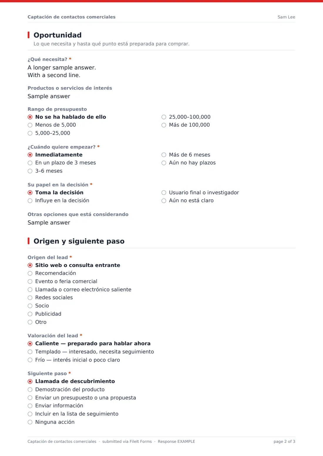 Captación de contactos comerciales — PDF de respuesta de ejemplo, página 2 de 3