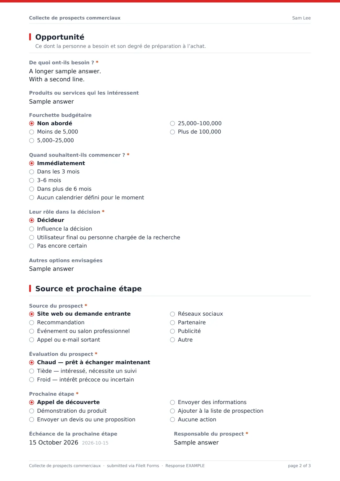 Collecte de prospects commerciaux — exemple de réponse au format PDF, page 2 sur 3