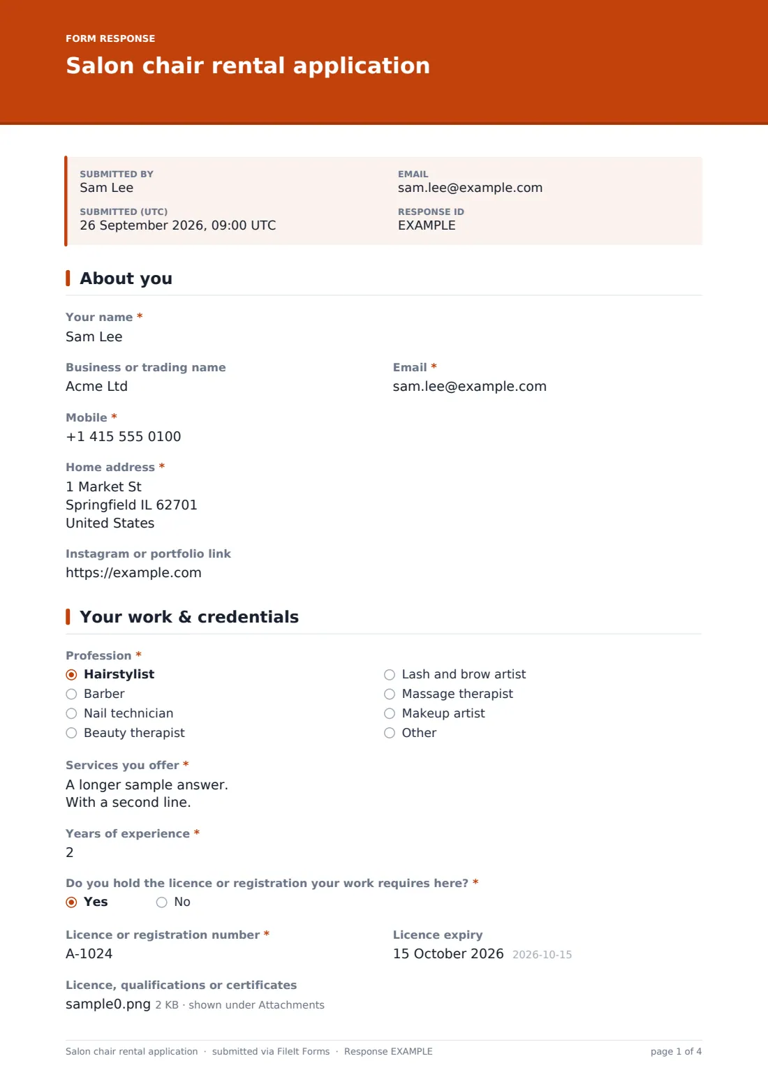 Salon chair rental application — example response PDF, page 1 of 4
