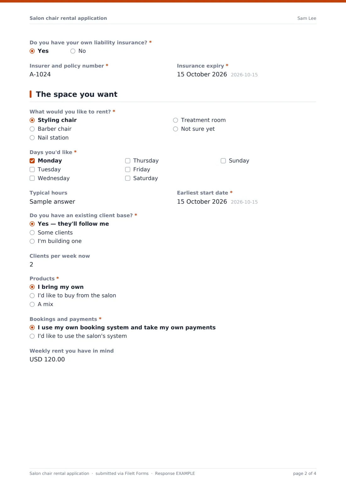 Salon chair rental application — example response PDF, page 2 of 4