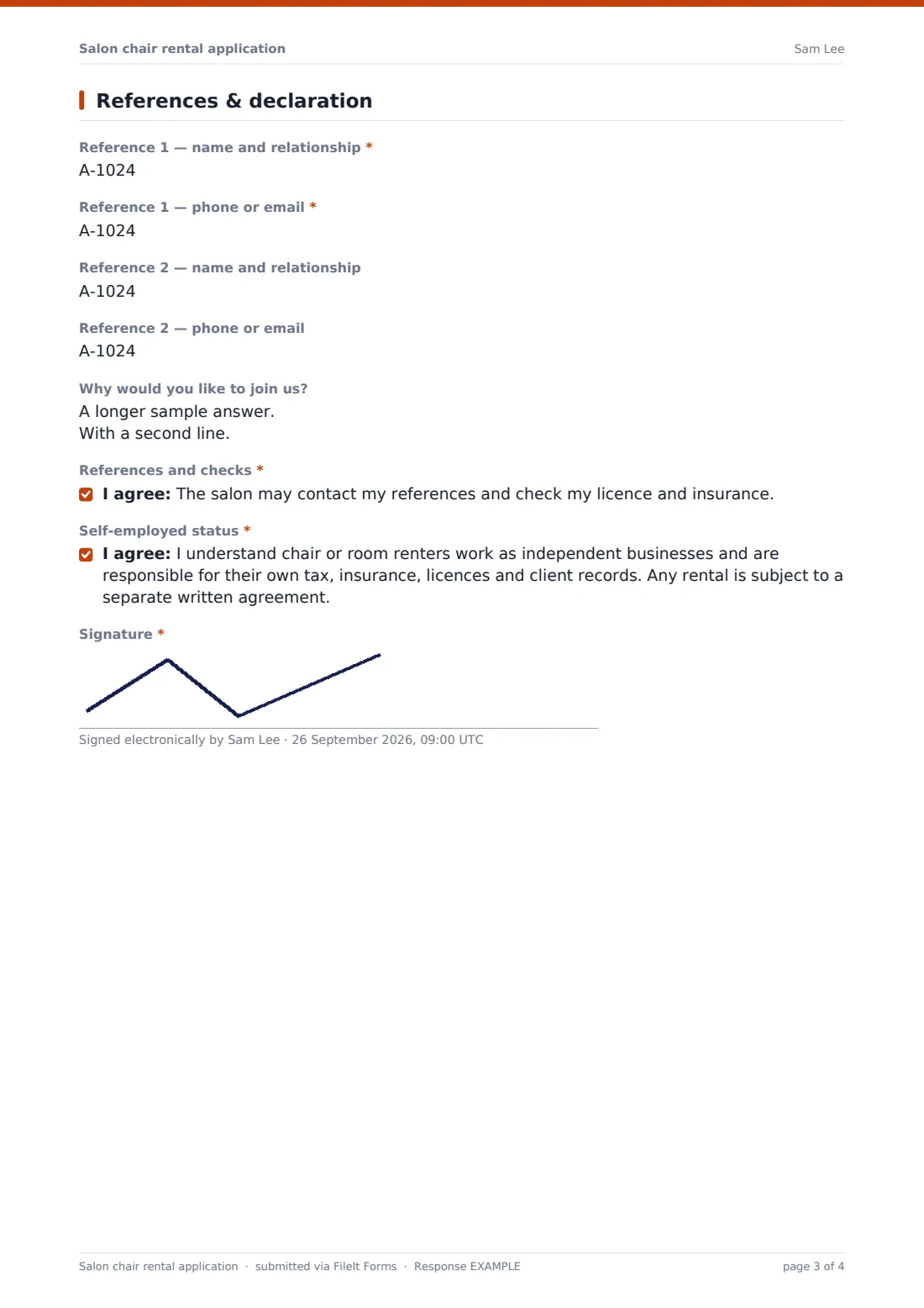 Salon chair rental application — example response PDF, page 3 of 4
