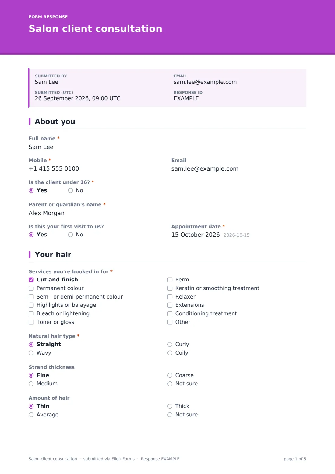 Salon client consultation — example response PDF, page 1 of 5