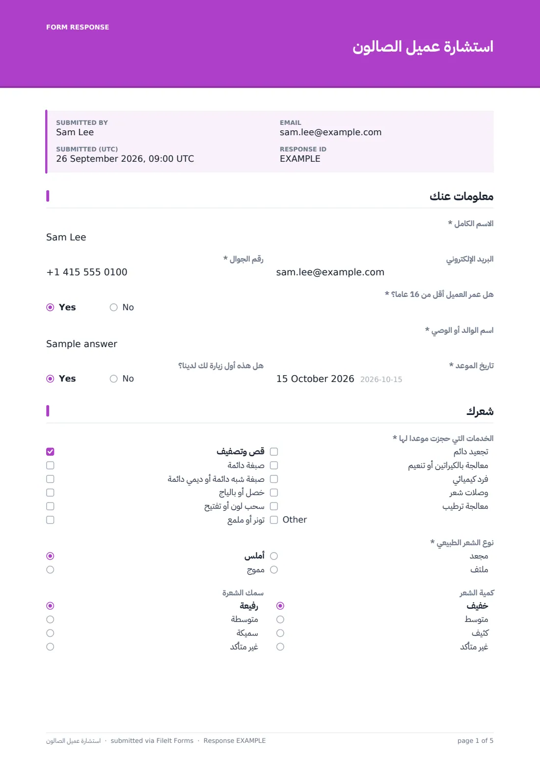 استشارة عميل الصالون — ملف PDF لرد نموذجي، الصفحة 1 من 5