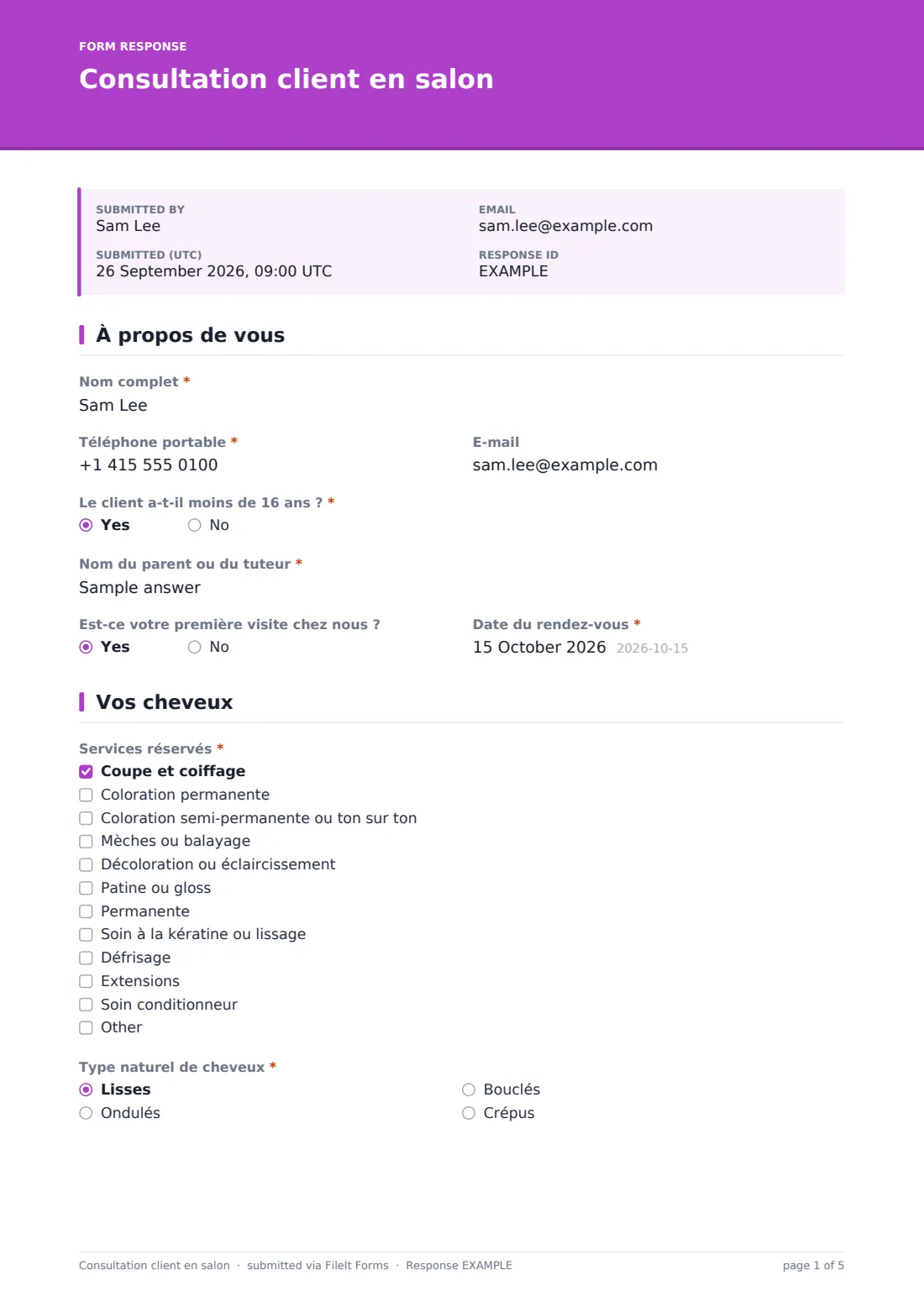 Consultation client en salon — exemple de réponse au format PDF, page 1 sur 5