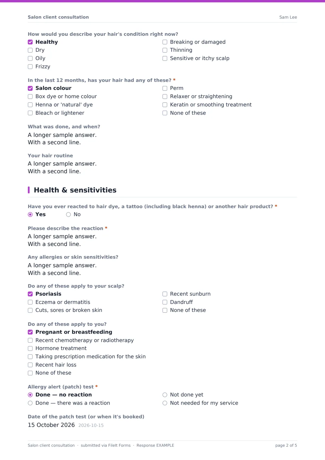 Salon client consultation — example response PDF, page 2 of 5