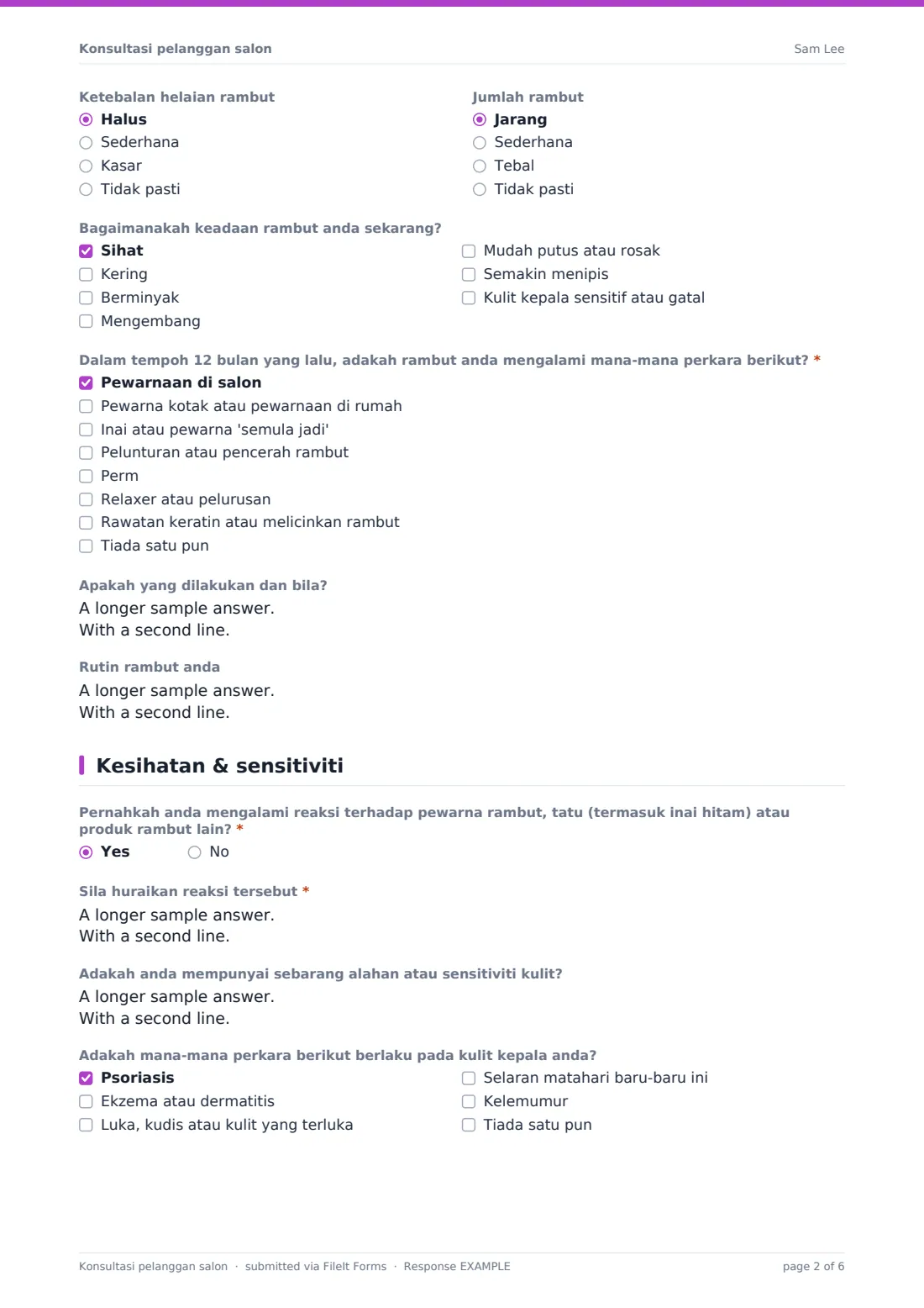 Konsultasi pelanggan salon — PDF respons contoh, halaman 2 daripada 6