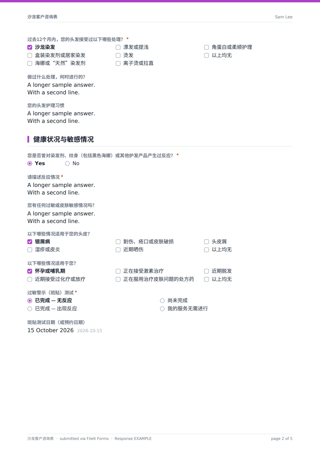 沙龙客户咨询表 — 示例回复 PDF，第 2 页，共 5 页