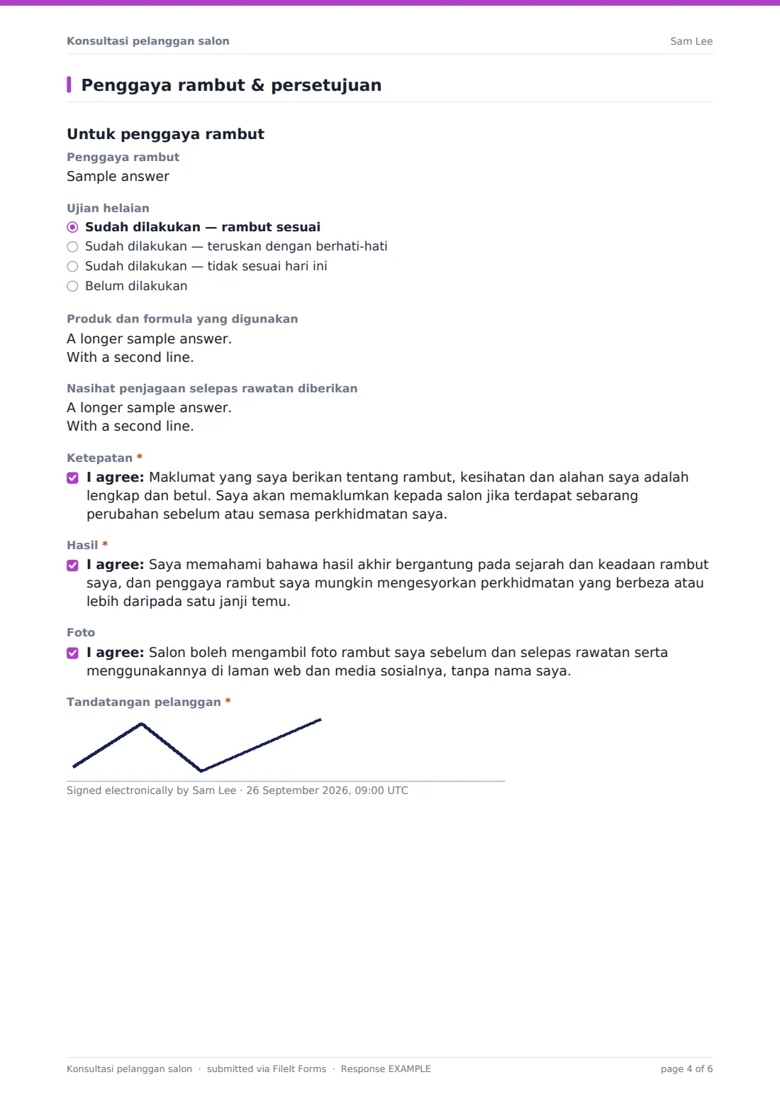 Konsultasi pelanggan salon — PDF respons contoh, halaman 4 daripada 6