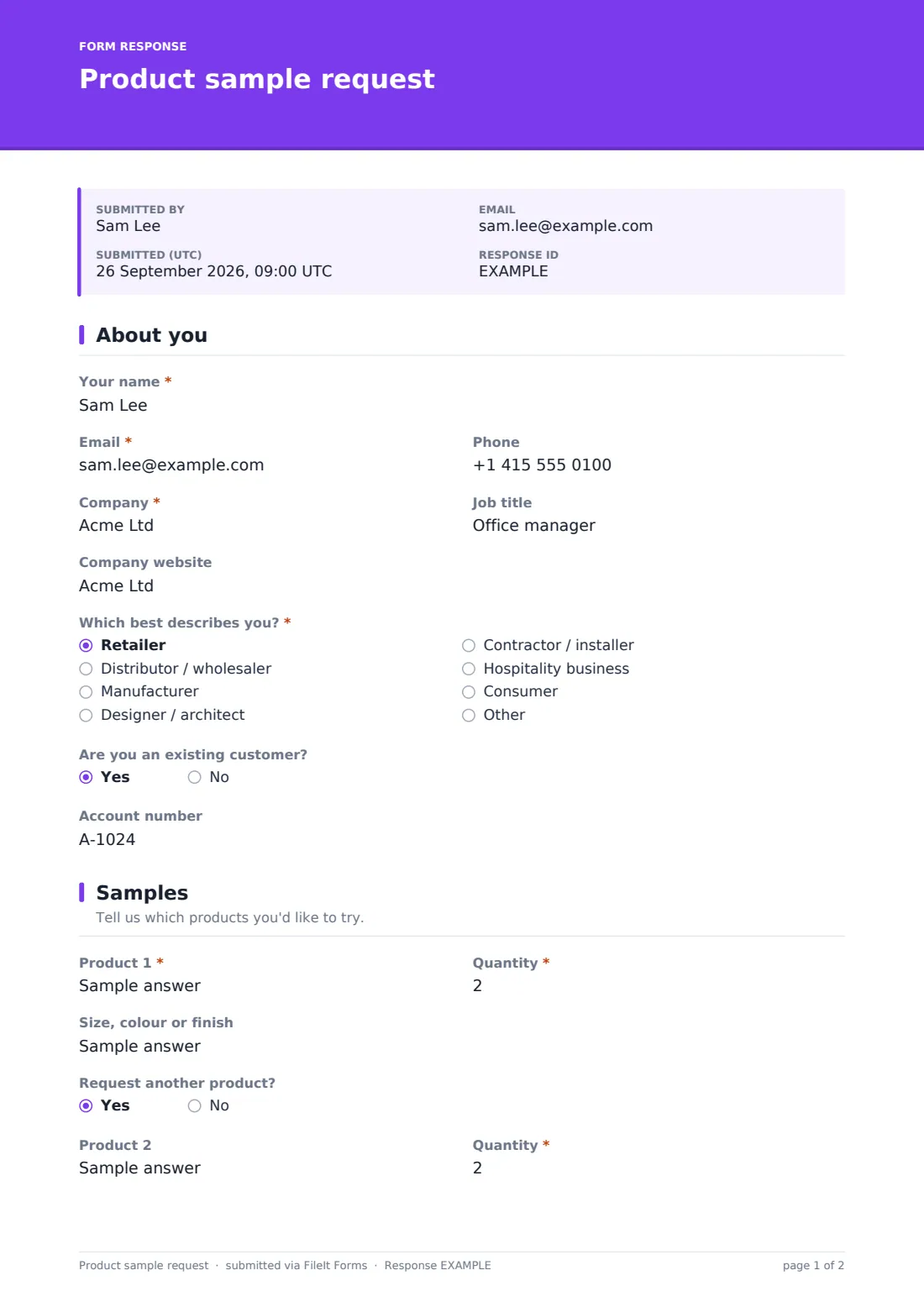 Product sample request — example response PDF, page 1 of 2