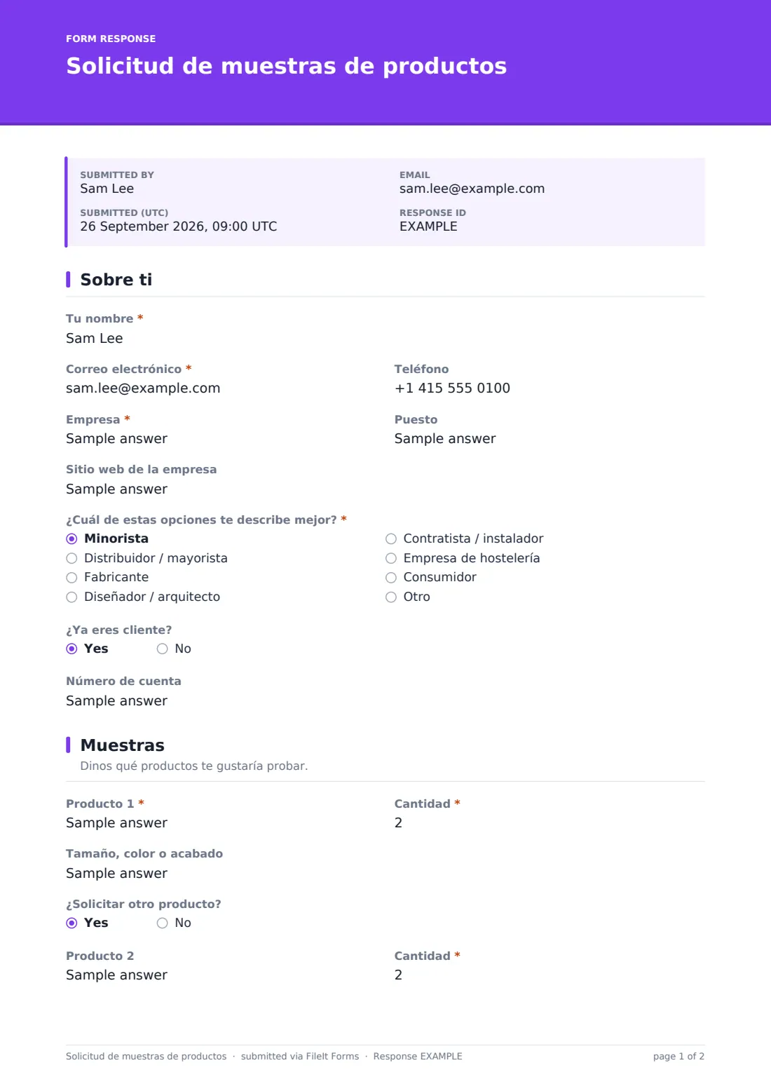 Solicitud de muestras de productos — PDF de respuesta de ejemplo, página 1 de 2