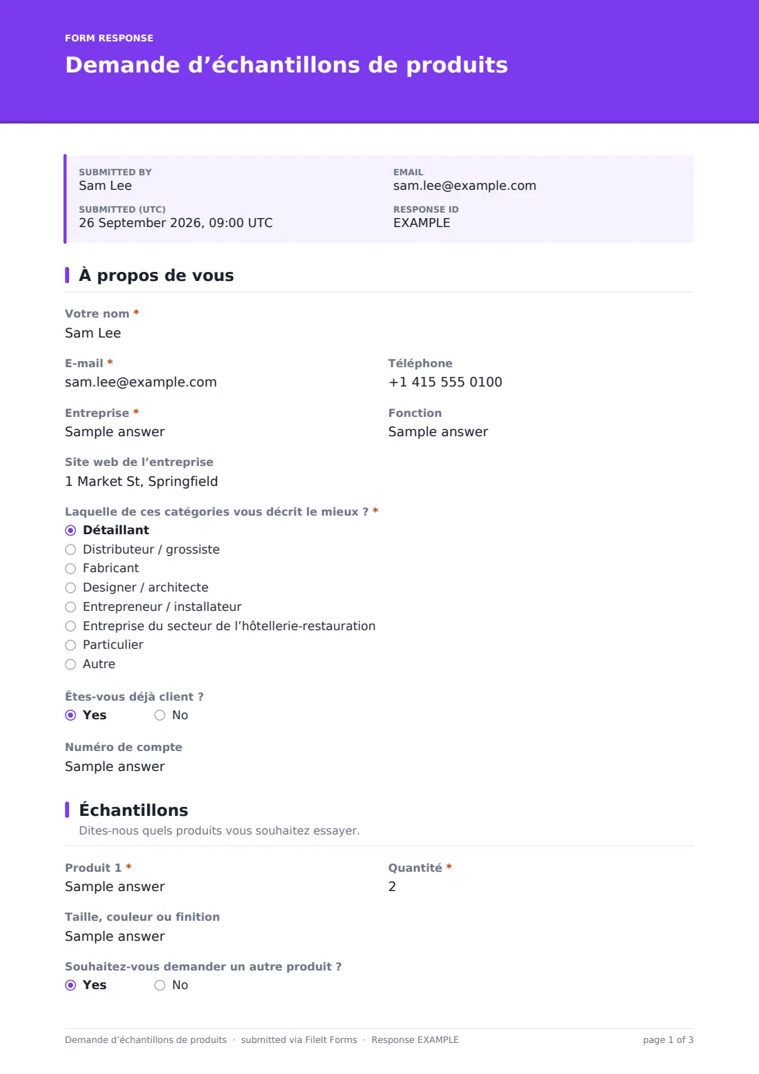 Demande d’échantillons de produits — exemple de réponse au format PDF, page 1 sur 3