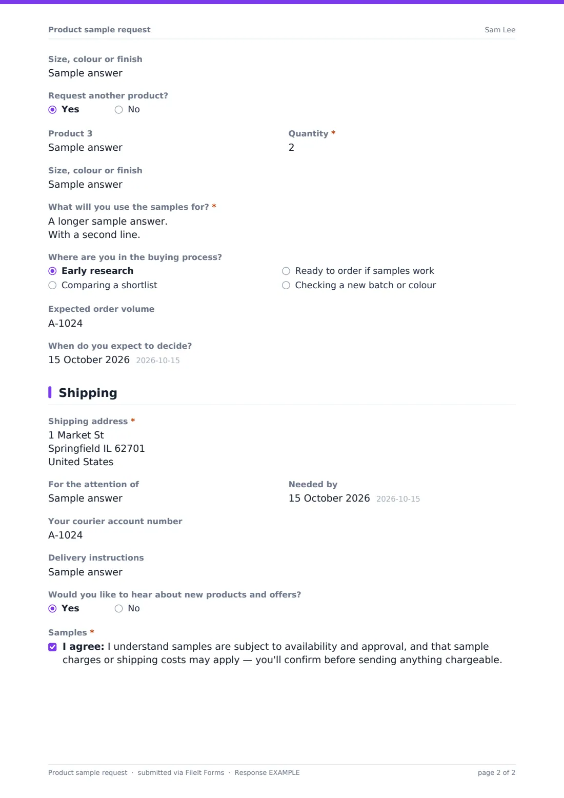 Product sample request — example response PDF, page 2 of 2