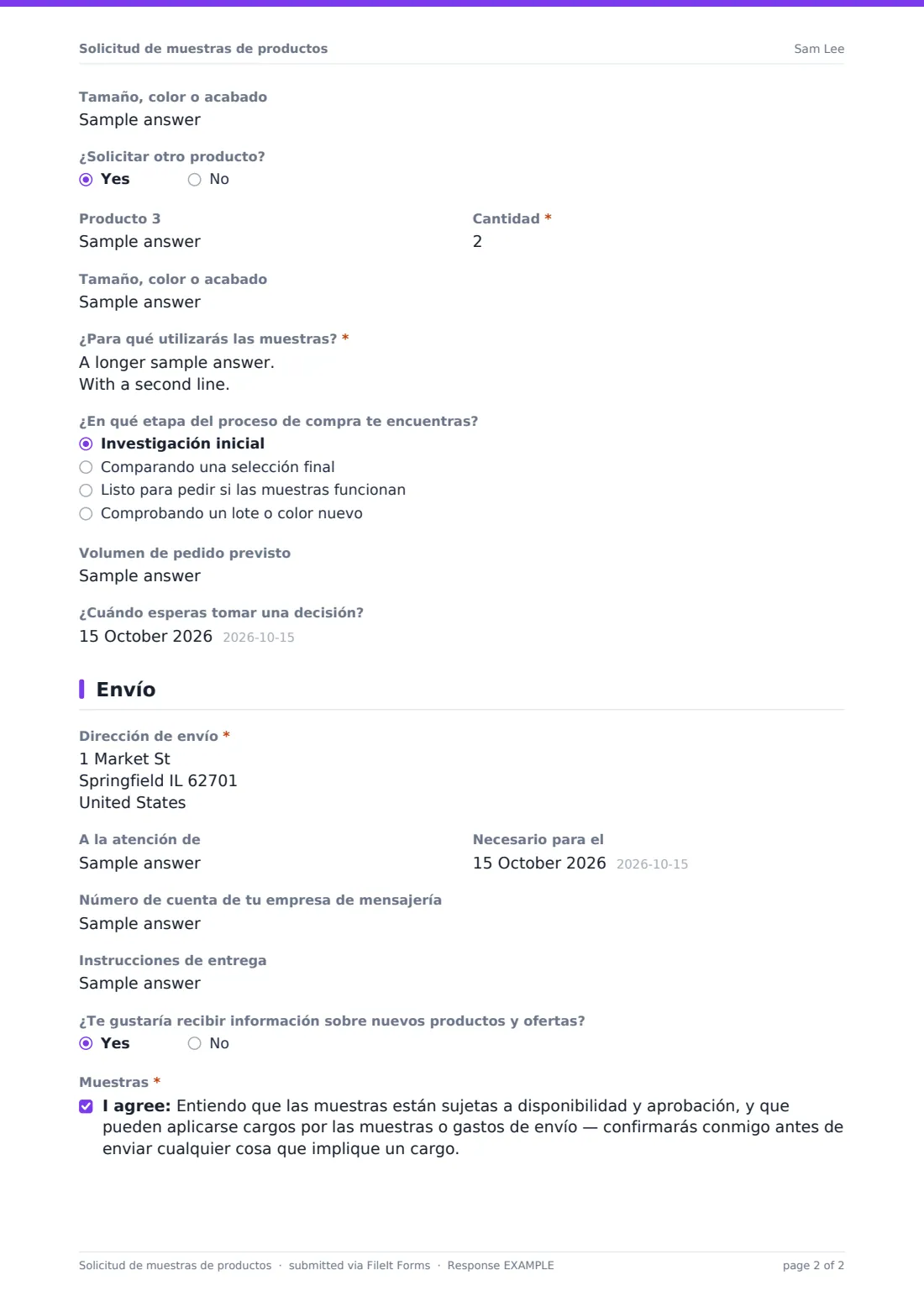 Solicitud de muestras de productos — PDF de respuesta de ejemplo, página 2 de 2