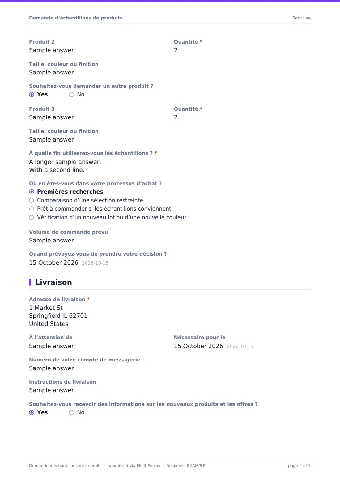 Demande d’échantillons de produits — exemple de réponse au format PDF, page 2 sur 3