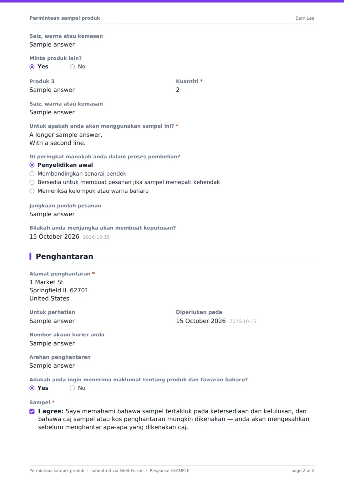 Permintaan sampel produk — PDF respons contoh, halaman 2 daripada 2