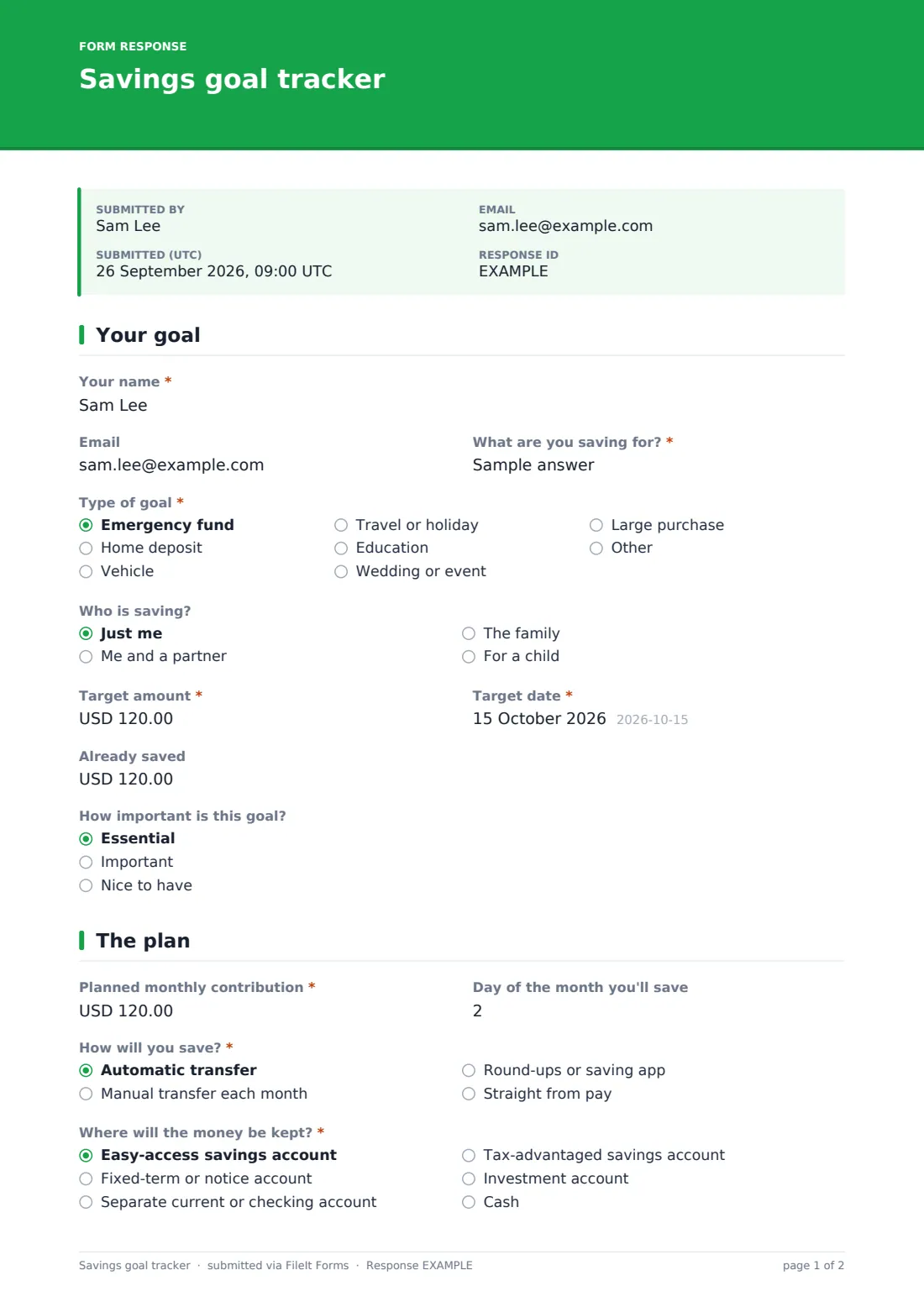 Savings goal tracker — example response PDF, page 1 of 2