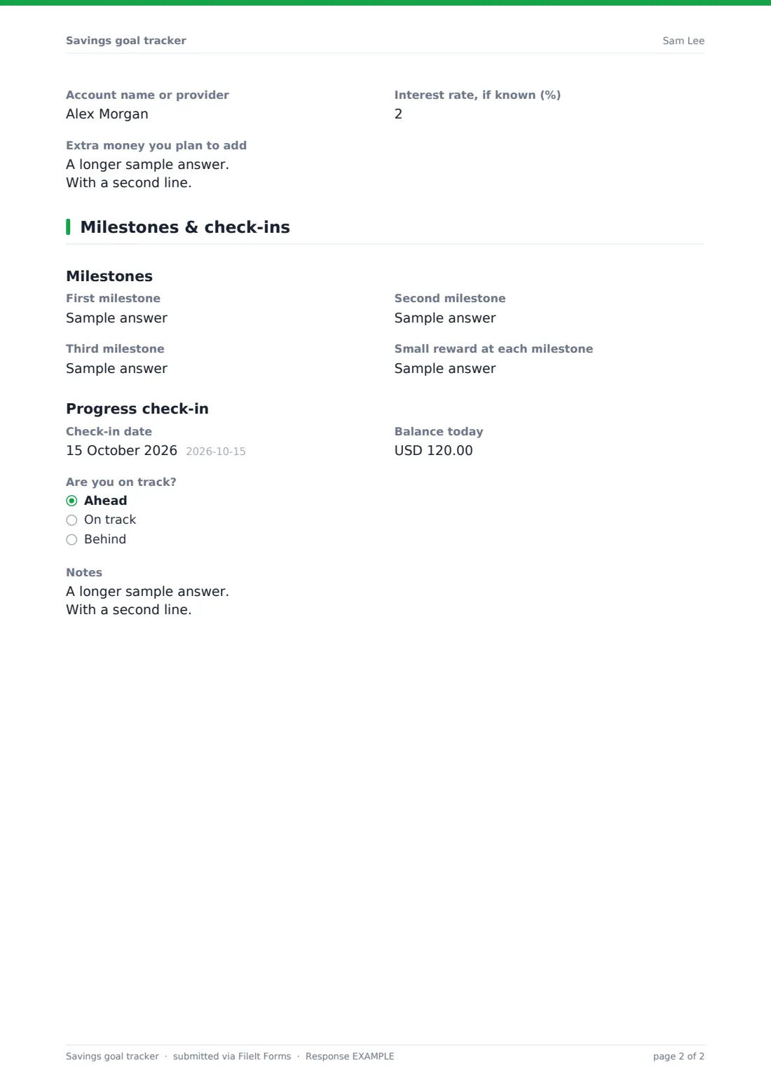 Savings goal tracker — example response PDF, page 2 of 2