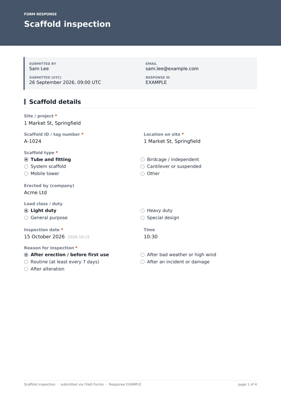 Scaffold inspection — example response PDF, page 1 of 4